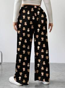 SHEIN EZwear 大码休闲直筒裤，带蝴蝶结和条纹印花 - 白色 - 查看 2