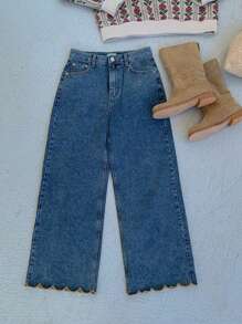 DAZY Women's Solid Washed Floral Hem Straight Leg Jeans, All Season - Blue - View 8