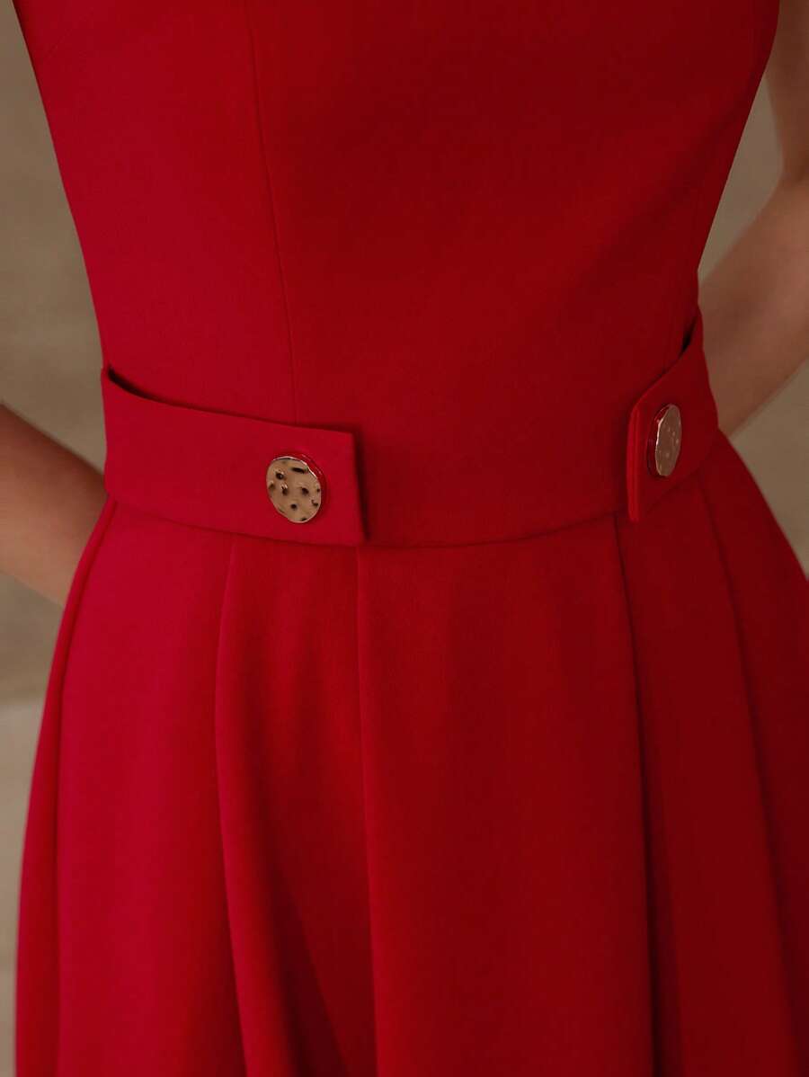 MOTF PREMIUM BUTTON DECOR FOLD PLEATED DRESS - Red - View 2