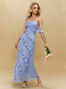 Poéselle 优雅 U 领无袖波浪紧身开衩连衣裙