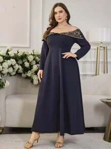 Modelyn Plus Size Women's Off Shoulder Embroidered Waist Slim Elegant Dress, Spring & Autumn - Navy Blue - View 5