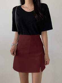 DAZY Casual Solid Color High Waist Slit Red Skirt Fall Skirts - Burgundy - View 3
