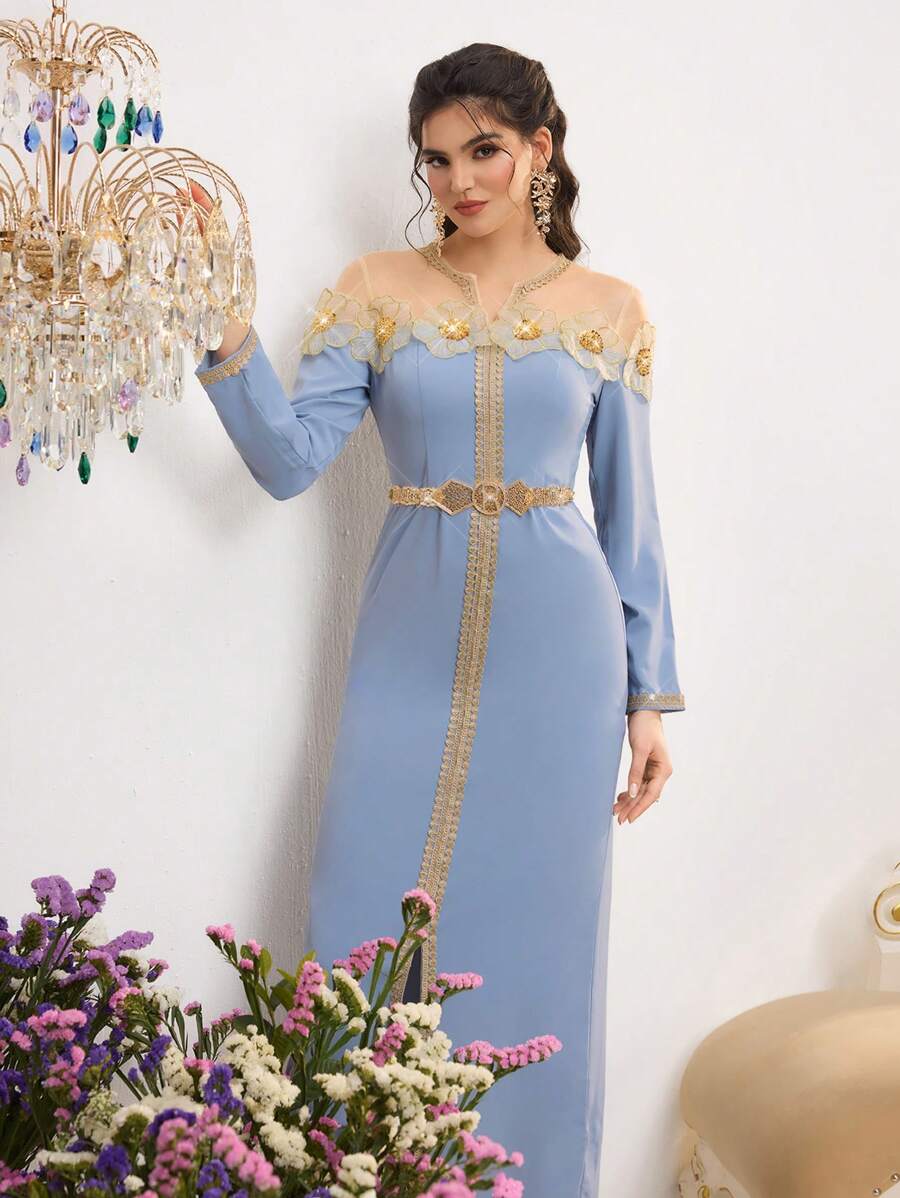 Al Najma Women's Elegant 3D Flower Decor Long Sleeve Arabic Style Dress, Arabian Dresses