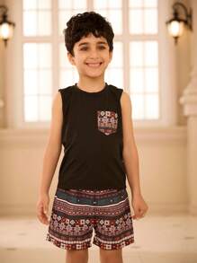 SHEIN 2pcs Geometric Print Vest And Shorts Casual Outfit Set For Young Boy