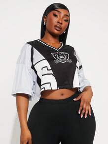 SHEIN SXY 2pcs/Set Plus Size Women Letter Print Short Sleeve Top And Flare Pants - Multicolor - View 4
