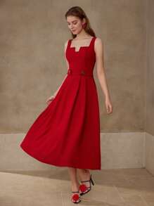 MOTF PREMIUM BUTTON DECOR FOLD PLEATED DRESS - Red - View 3
