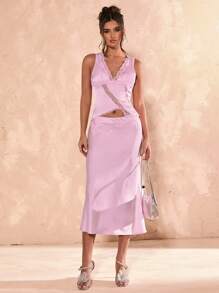 SHEIN BAE 女士纯色蕾丝 V 领时尚吊带背心