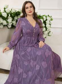 Modelyn Simple Romantic Chiffon Cut-Out V-Neck Lantern Sleeve A-Line Plus Size Casual Dress For Spring/Summer - Purple - View 1