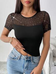 Chiquease Casual Slim Fit Cropped Round Neck Mesh Panel Short Sleeve T-Shirt - Black - View 4