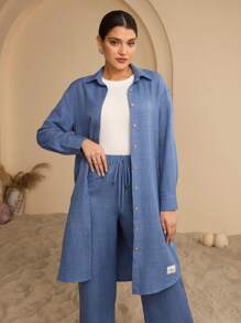 Graceveil 女士长袖衬衫和裤子阿拉伯风格套装，朴素 - 藍色 - 查看 1