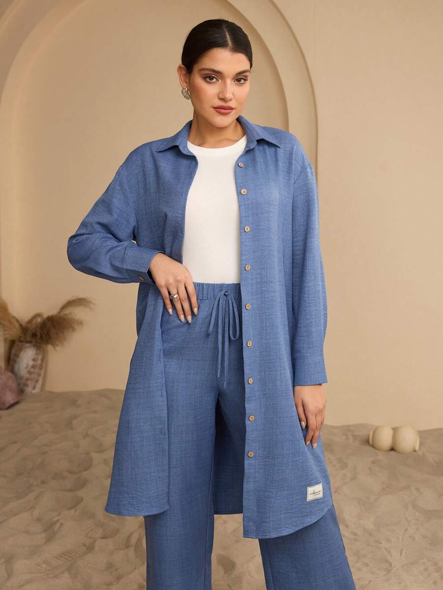 Graceveil 女士长袖衬衫和裤子阿拉伯风格套装，朴素 - 藍色 - 查看 1