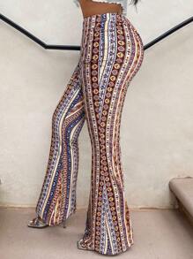 SHEIN SXY 复古印花高腰喇叭裤 - 彩色 - 查看 2
