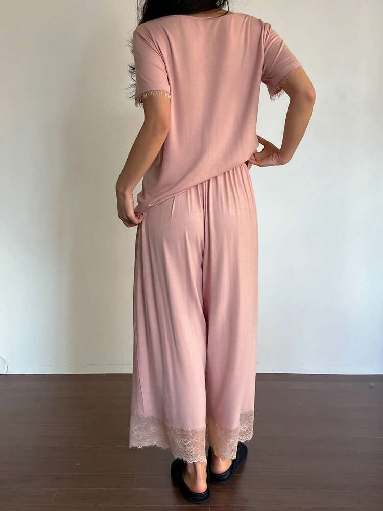 Minimalist Women's Pajama Set, Soft Knit Fabric With Lace Trim Top & Capri Pants