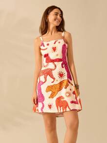 CAJUNI 女式休闲夏季波西米亚风热带对比动物印花吊带迷你连衣裙