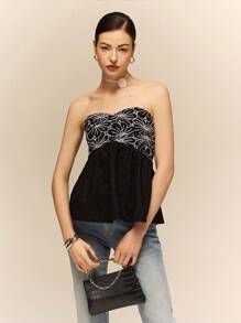 Poéselle Schwarzes besticktes Top, Sommer Top, Damen florales besticktes plissiertes Bandeau Top, modischer Stil