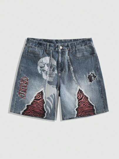 Grunge Punk Men's Grunge Style Skull Print Patch Pocket Loose Denim Shorts