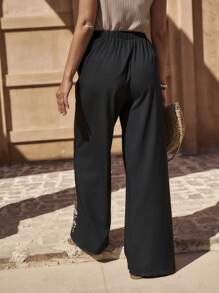 LanaWest Women's Embroidered Flared Leg Casual Vacation Pants - Black - View 2