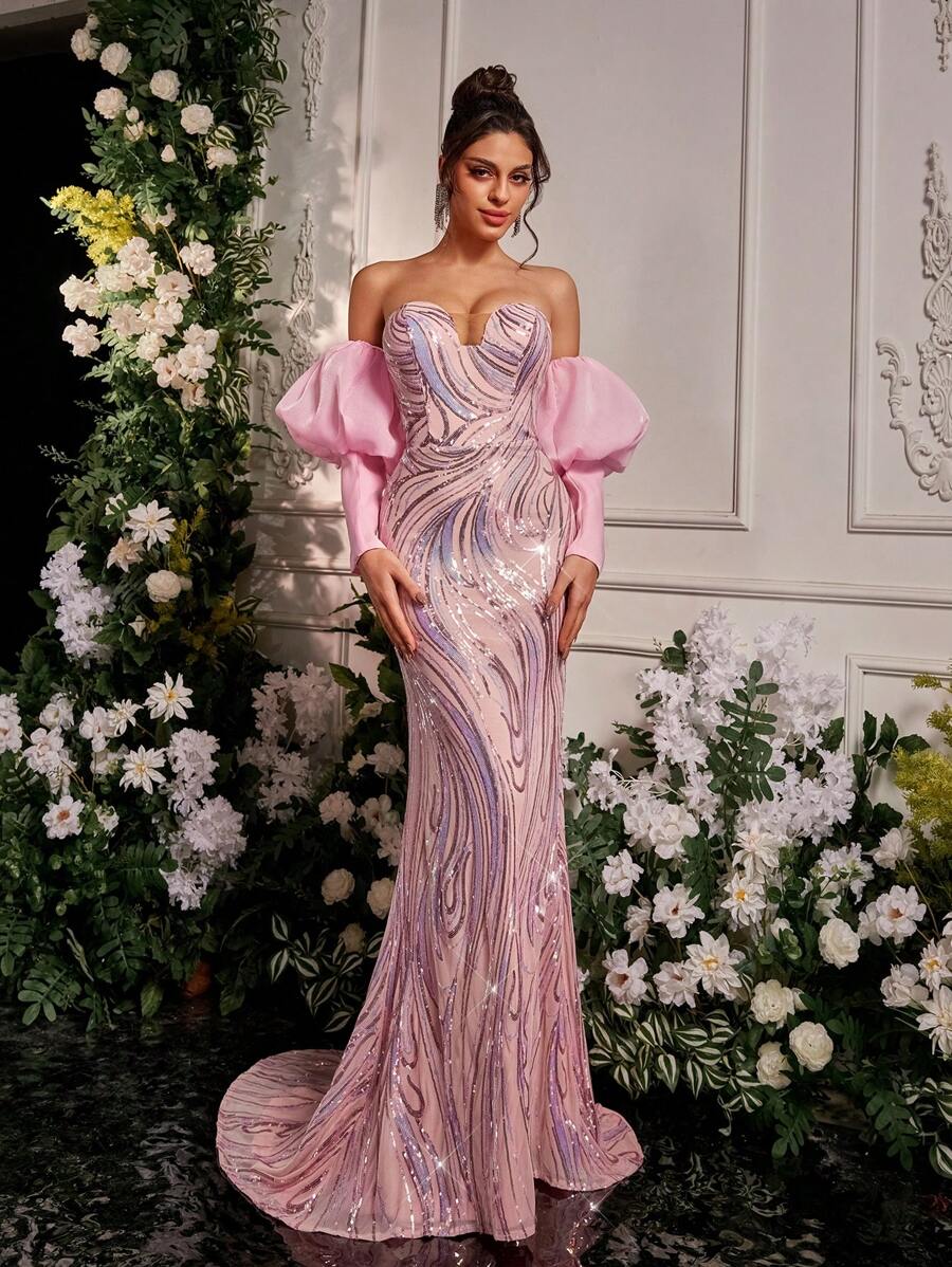 Glamrae Vestido de Festa Elegante e de Luxo, Ombro de Fora, Sem Alças, Assimétrico, Decote em V, Manga Lanterna de Tule, Bainha de Sereia Bordada, Vestido de Festa, Vestido de Convidado de Casamento, Vestido Formal, Vestido de Noite - Rosa chiclete - Visão 1
