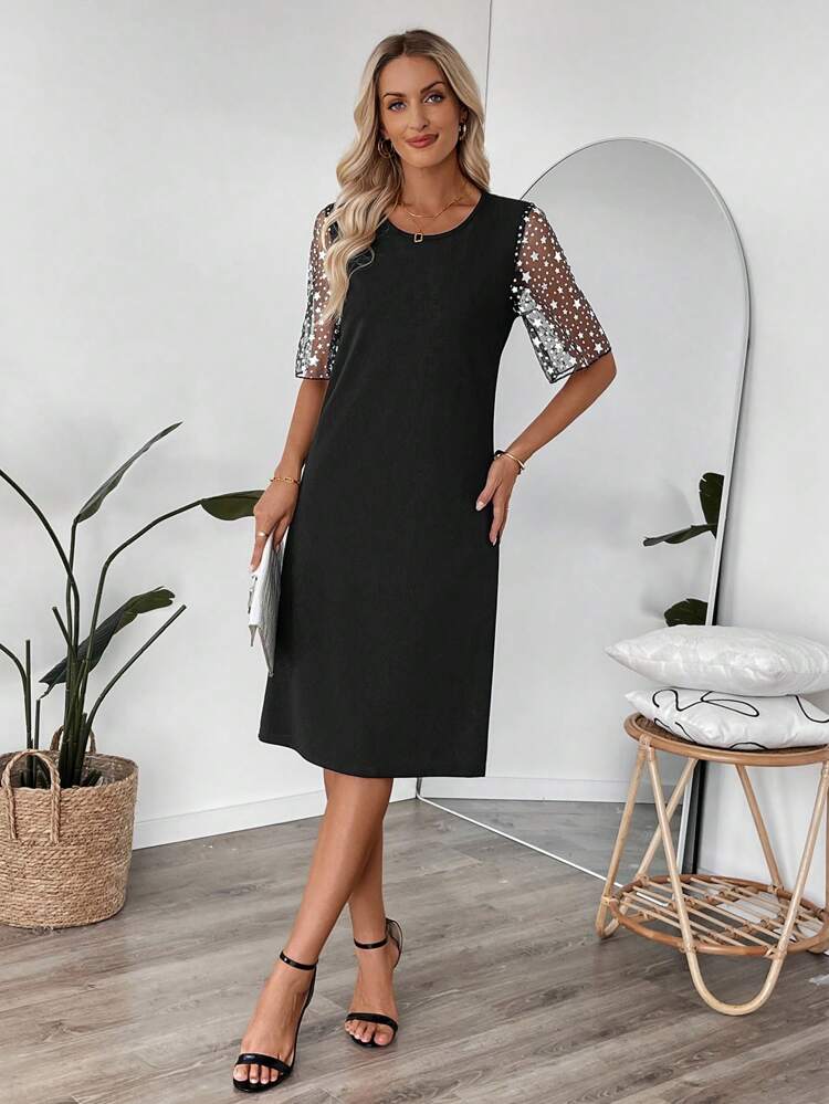 knee length dresses for ladies MEIMEIJ - V NECK MIDI DRESS WITH PUFF SLEEVES main image 1