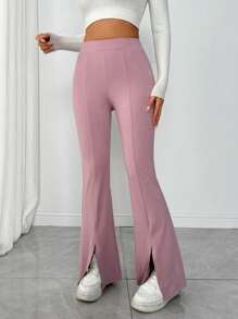 Muchica Women High Waist Solid Color Casual Versatile Flared Pants With Side Slit - Dusty Pink - View 4