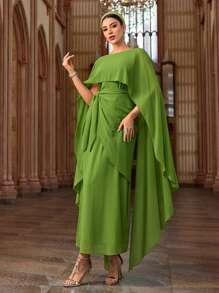Al Najma Women's Solid Color Round Neck Batwing Sleeve Waist Tie Dress, Arabian Dresses