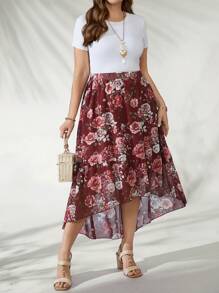 EMERY ROSE Damska swobodna spódnica letnia z elastyczną talią i kokardą, warstwowa, wysoka i niska, z falbanką