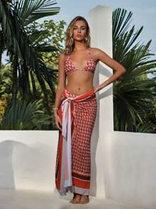 SHEIN Swim Summer Vacation Beach Style Geometric Print Viral Halter Neck Bikini 3-Piece Set - Multicolor - View 2