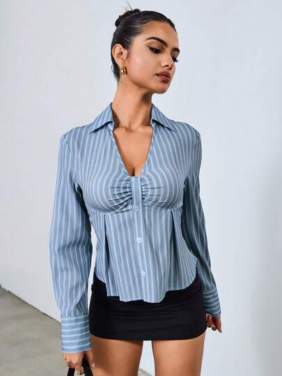 Roylia Fashionable Striped Fabric, Deep V Waist Cut, Casual Versatile Shirt Fall Cloth For Women