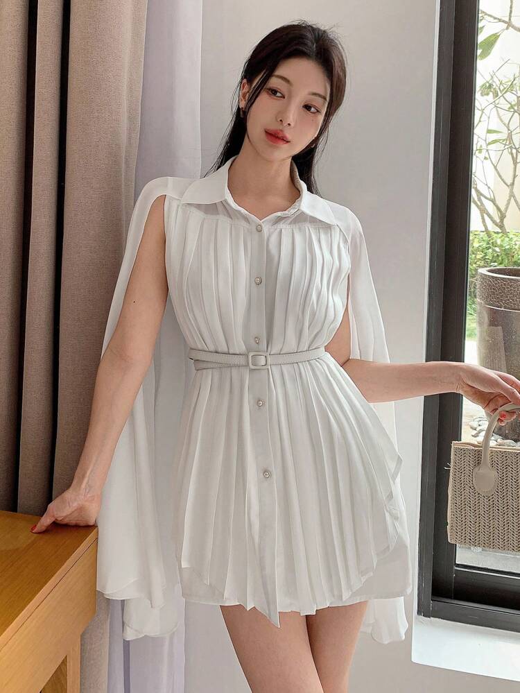 Elegant Summer Blouse, Solid Color Pleated Loose Fitting Open Slit Vacation Shirt For Women Long Sleeve Top
