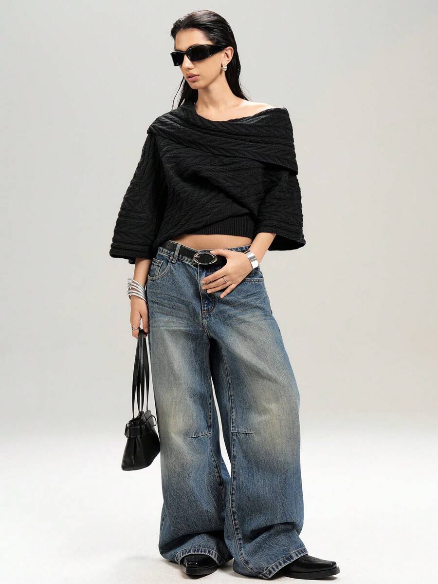 LYSMO Women Solid Color Pleated Loose Asymmetrical Knitted Sweater - Black - View 1