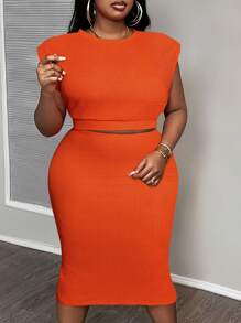 Slaydiva 大码 2 件套 - 优雅休闲纯色橙色修身无袖垫肩针织纹理面料上衣