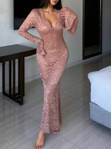 DAZY Lace Sheer Fitted Long Sexy Nightgown - Red - View 3