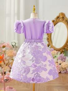 2pcs/Set Tween Girls Solid Color Patchwork 3D Floral Decor Top And Skirt - Multicolor - View 2