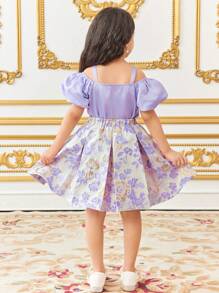 SHEIN 2 Pieces Young Girls Set: Woven Solid Puff Sleeve Top + Woven Jacquard Skirt - Purple - View 2