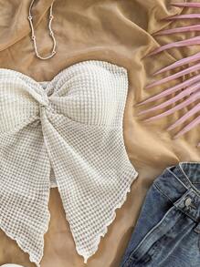 Soleia Áo crop top dệt kim gân màu mơ xoắn viền bất đối xứng cho nữ, thích hợp cho kỳ nghỉ, lễ hội âm nhạc, phong cách Bohemian, ngày lễ, hẹn hò, trà chiều - Màu be - Xem 5