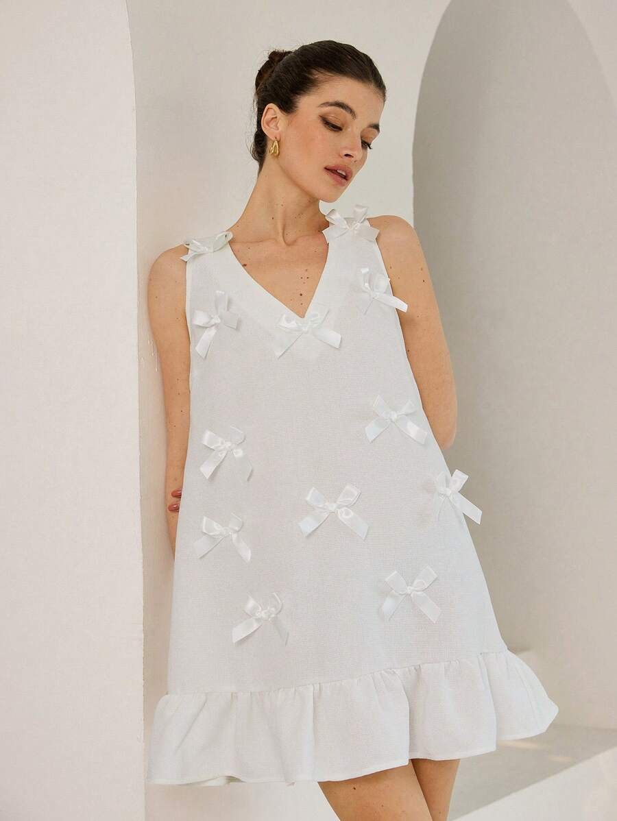 Aveloria Romantic Elegant French Sweetheart V-Neck Sleeveless Mini Dress With Bow Applique Ruffle Hem Patchwork All Over Print  For Summer - White - View 1