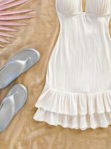 Soleia Vestido mini ajustado de punto texturizado con escote en V, cintura anudada, volantes en el bajo, apropiado para vacaciones, fiesta, citas, tarde de té, playa, verano