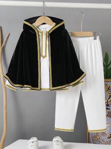 SHEIN Leap Crew 3pcs/Set Young Boys Loose Casual Geometric Pattern Hooded Shirt With Flared Tassel Shawl And Pants, Suitable For Kids Outfits, Back To School, Birthday Parties, Evening Events, Performances, Weddings, Baptisms, School Commencements. Suitable For Daily Wear, School, Travel, Sports And Styles, Spring And Summer - Black and White - View 4