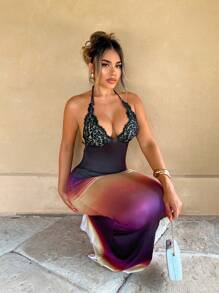 Zolique Vestido largo de color degradado con cuello halter, taza de encaje con empalme, espalda hueca y cola de pez para vacaciones - Multicolor - Ver 1