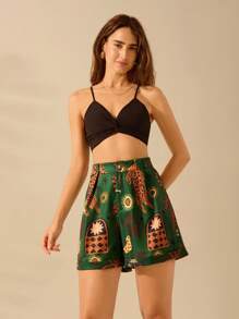 CAJUNI 女士 A 字波西米亚风热带豹纹、椰子树、蛇纹植物印花休闲海滩度假绿色阔腿短裤，夏季 - 彩色 - 查看 6