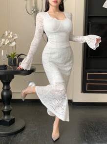 DAZY 2pcs Women Set: Lace Collar Blouse And Fishtail Skirt,Fall Women Clothes Lounge Sets For Women - Beige - View 1