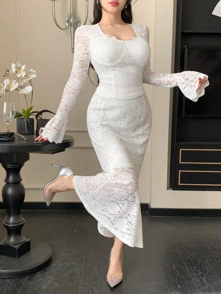 2pcs Women Set: Lace Collar Blouse And Fishtail Skirt,Fall Women Clothes