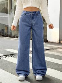 Forever 21 Women's Washed Dark Blue Loose Wide Leg Casual Jeans With Pockets