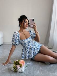 Elenzga 全新设计女式方领泡泡袖收腰荷叶边下摆小碎花休闲优雅衬衫 - 彩色 - 查看 4