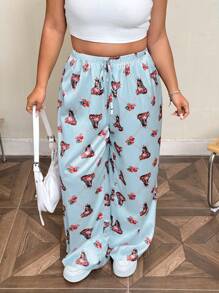 SHEIN EZwear Pantalones casuales holgados con estampado retro de primavera para tallas grandes - verde menta - Ver 5