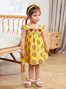 Cozy Pixies Baby Girl Pattern Square Neck Ruffle Trim Waist Sleeveless Dress - Yellow - View 5