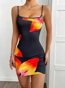SHEIN EZwear Damen Blumen-Muster-Träger-Mode-Minikleid