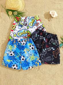 SHEIN 3-Pack Tween Boys Athletic Casual Shorts, Beach Swimsuit, Swimwear Vacation Set For Swimming, Beach, Surfing
