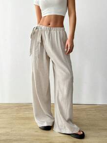 SHEIN EZwear 女士纯色打结腰阔腿休闲裤 - 杏色 - 查看 4