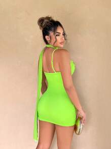 Zolique Front Belt Print Ribbon Sexy Backless Mini Bodycon Dress - Green - View 2